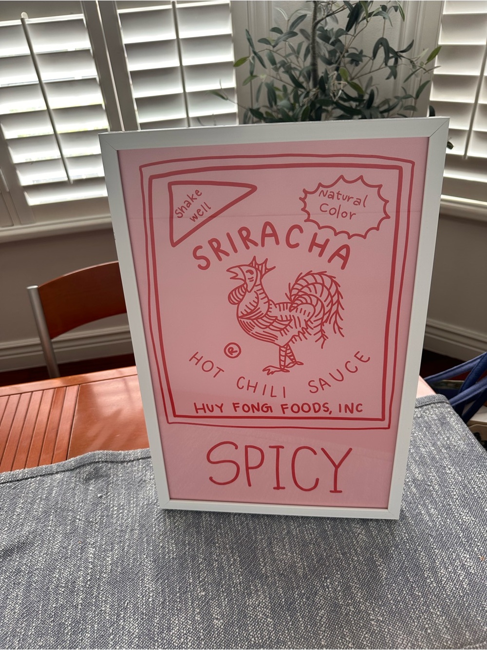 Cutes Sriracha Rooster Wall Art - Pink & Red Graphic Print 12x18” framed